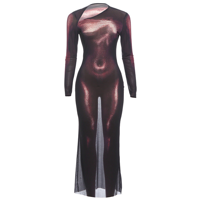 SXR fall winter fashion diagonal collar sheath long sleeve printed dress