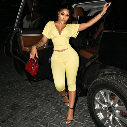 DZHT J26ST224V collar pleated half sleeve top tight cropped pants two-piece suit
