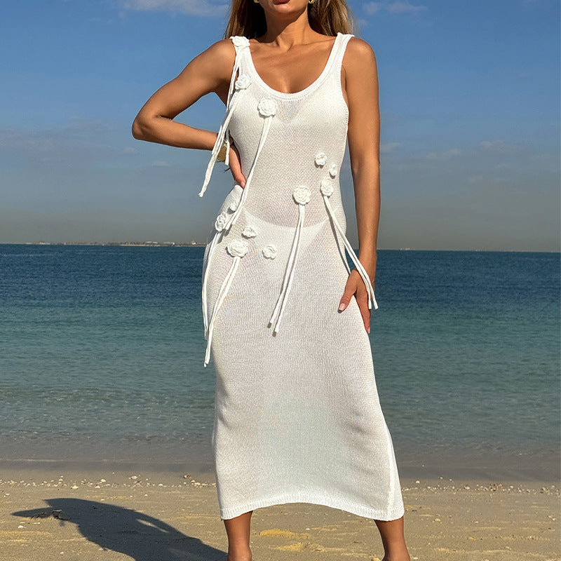 CYB dress three-dimensional flower U-neck sling back slit beach dress