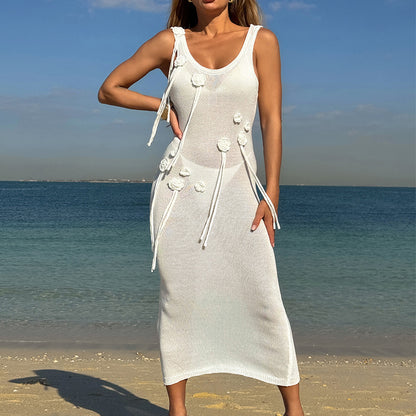 CYB dress three-dimensional flower U-neck sling back slit beach dress