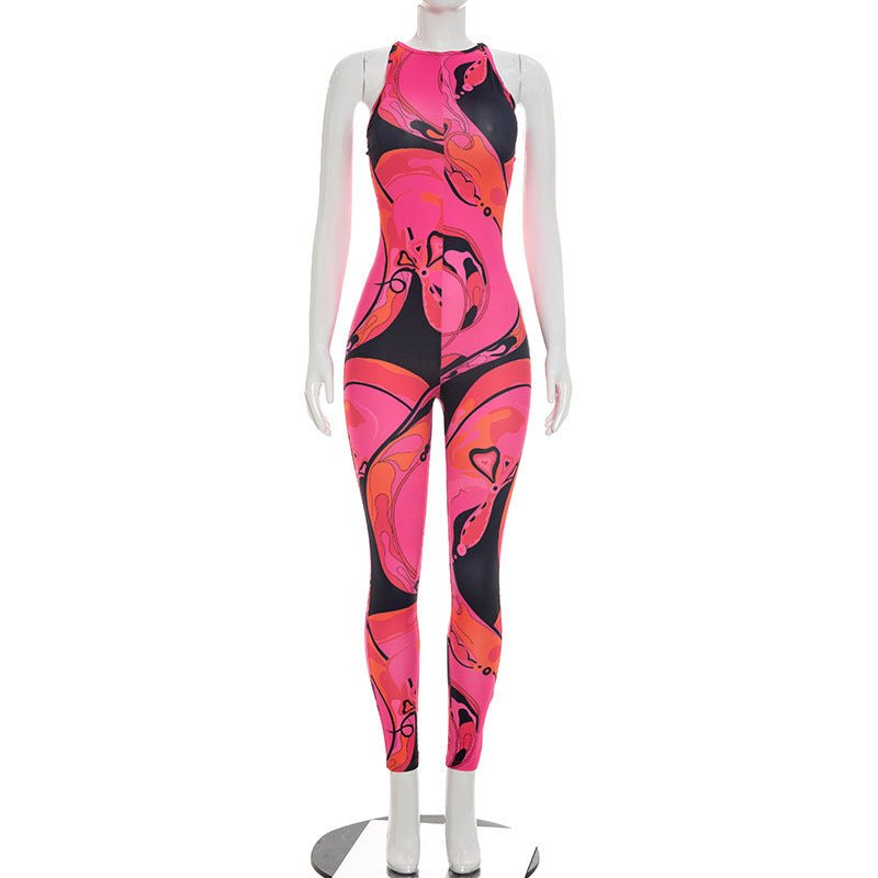 DZHT J26JP232 summer all-matching sleeveless skinny print long jumpsuit