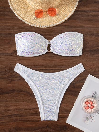 Split sequins pure color tube-top banded bikini