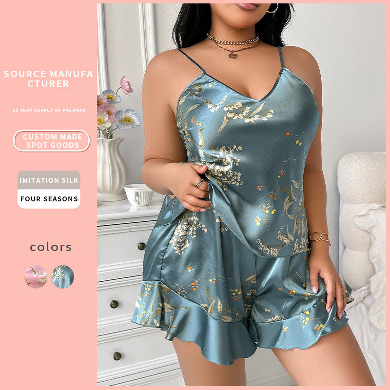 DNL plus size printed pajamas ice silk pajamas artificial silk camisole women