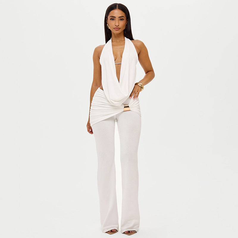 DZHT D25ST556 halter swing collar backless rope top metal buckle bootcut pants two-piece suit