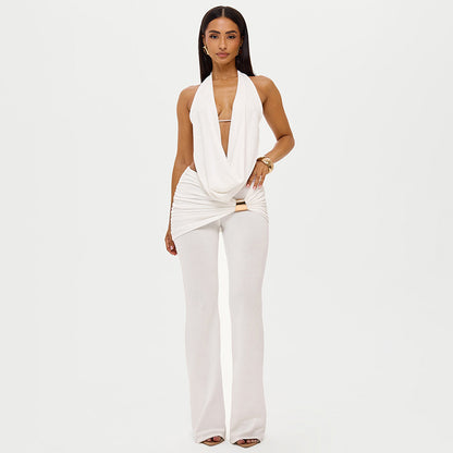DZHT D25ST556 halter swing collar backless rope top metal buckle bootcut pants two-piece suit