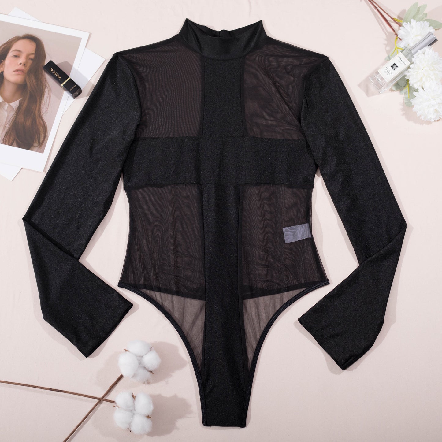 Long sleeve round collar gauze see-through open crotch sexy lingerie body-shaping corsets LS1521