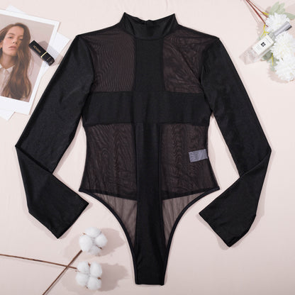 Long sleeve round collar gauze see-through open crotch sexy lingerie body-shaping corsets LS1521