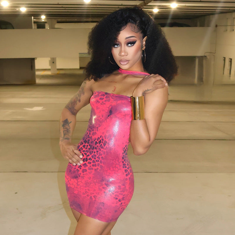 DZHT D26DS171 leopard print blooming printing gilded halter tube top tight dress short skirt