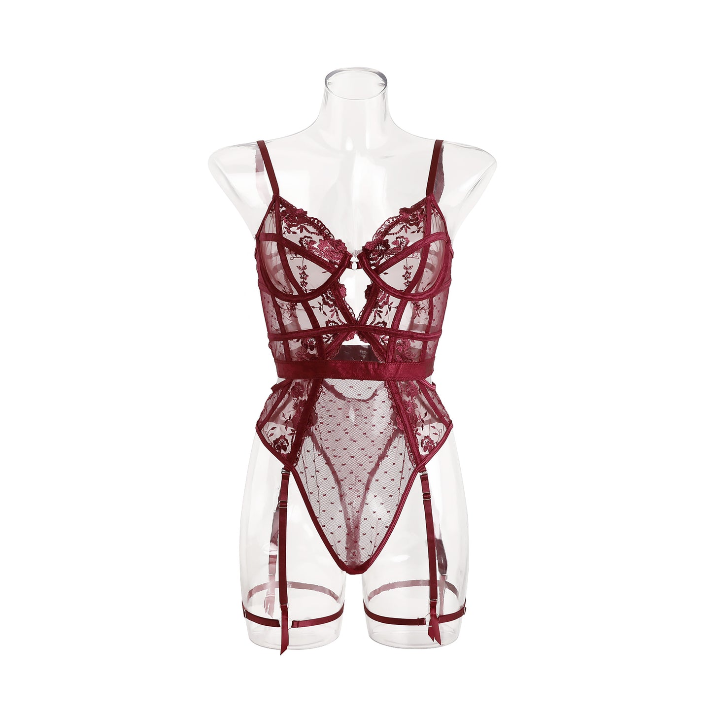 Sexy lingerie V-shaped small Rose see-through jumpsuit Garter