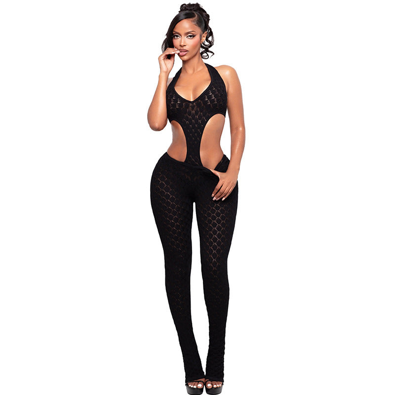 DZHT J26JP067 see-through slim-fit slimming knitted deep V jumpsuit