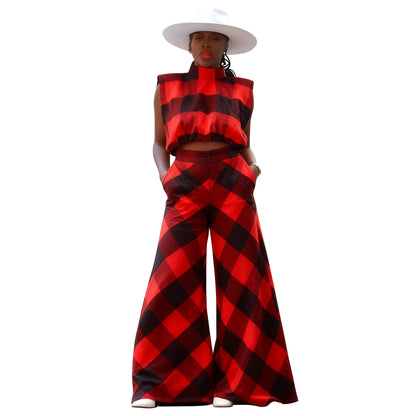MYF (S-2XL) 10950 suede plaid loose wide leg pants sleeveless suit