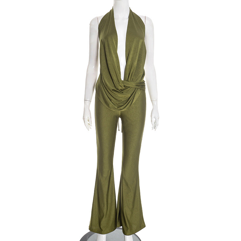 DZHT D25JP554 fashion hollowed-out fake two-piece halter swing collar bare back one-piece trousers