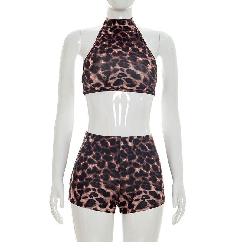 DZHT J26ST137 leopard print halter backless lace-up top tight shorts two-piece suit