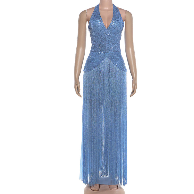 SXR K6D11483A summer elegant sequins tassel design dress