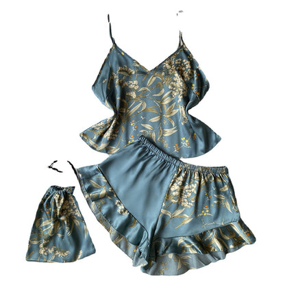 DNL spring imitated silk pajamas two-piece printed shorts suit suspender skirt