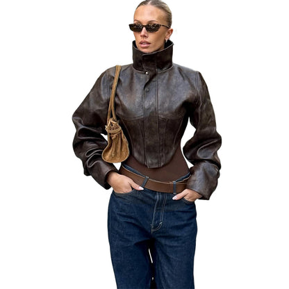 SXR autumn and winter slimming high collar solid color zipper short pu leather coat