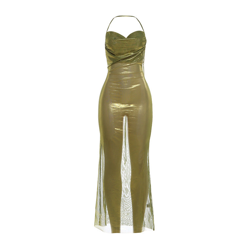 DLS Spring halter pleated sexy backless sheath dress