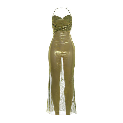 DLS Spring halter pleated sexy backless sheath dress