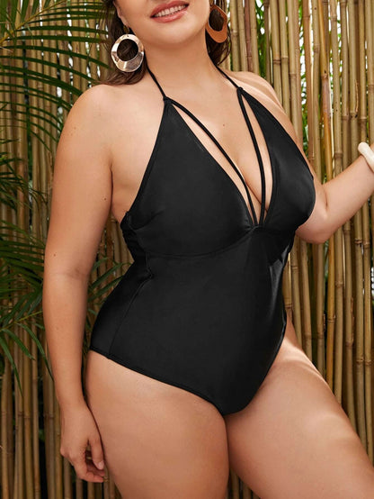 LF (L-4XL) women's one-piece solid color black sexy swimsuit plus size
