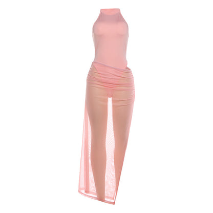DLS Spring round neck sleeveless leotard sexy see-through sheath split skirt suit