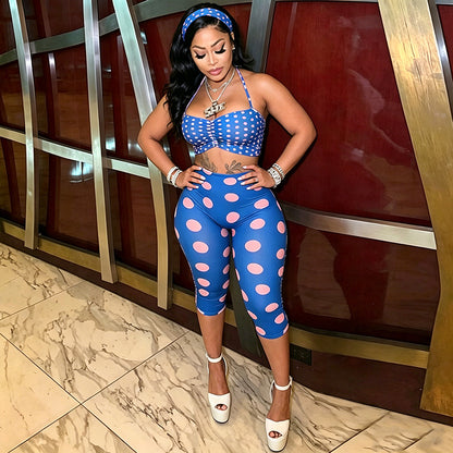DZHT Q26ST076 halter spaghetti straps tight cropped pants polka dot print hair band three-piece suit