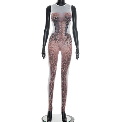 DZHT D26JP045 spring slim-fitting slimming body scale printed sleeveless tight one-piece trousers