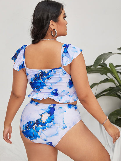 LF (L-4XL) women's split color printing swimsuit plus size