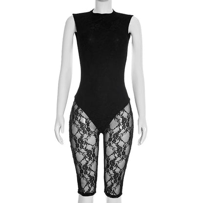 DZHT J26JP029 slim-fit see-through fashion backless lace cropped jumpsuit