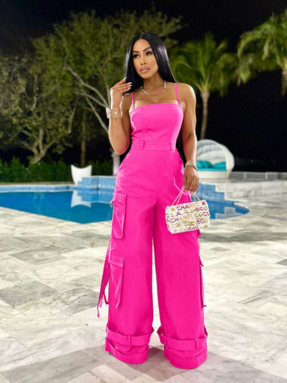 (S-2XL) ZSC tube top multi-pocket workwear jumpsuit wide leg jumpsuit