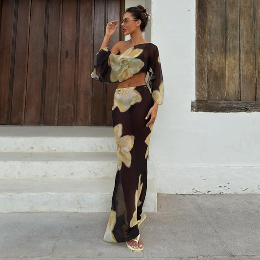 SXR autumn and winter off-shoulder midriff-baring top high waist drawstring printed skirt