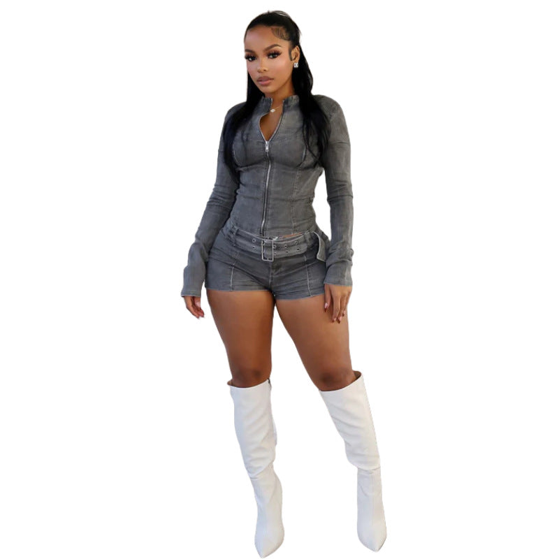MZ (S-2XL) denim shorts MZ88616 long sleeve stretch shorts belt suit
