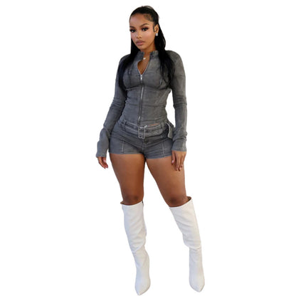 MZ (S-2XL) denim shorts MZ88616 long sleeve stretch shorts belt suit