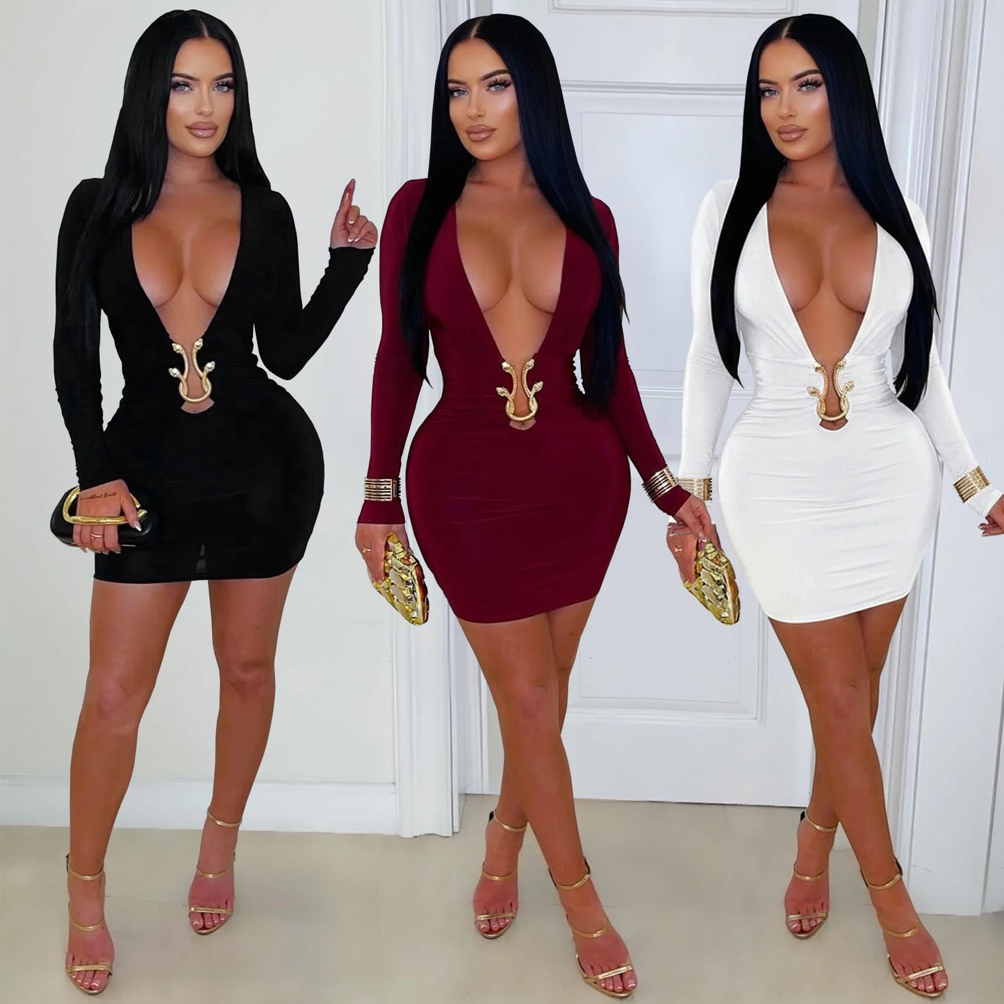 XYZ C7609 deep V hip-wrapped snake-shaped accessories dress