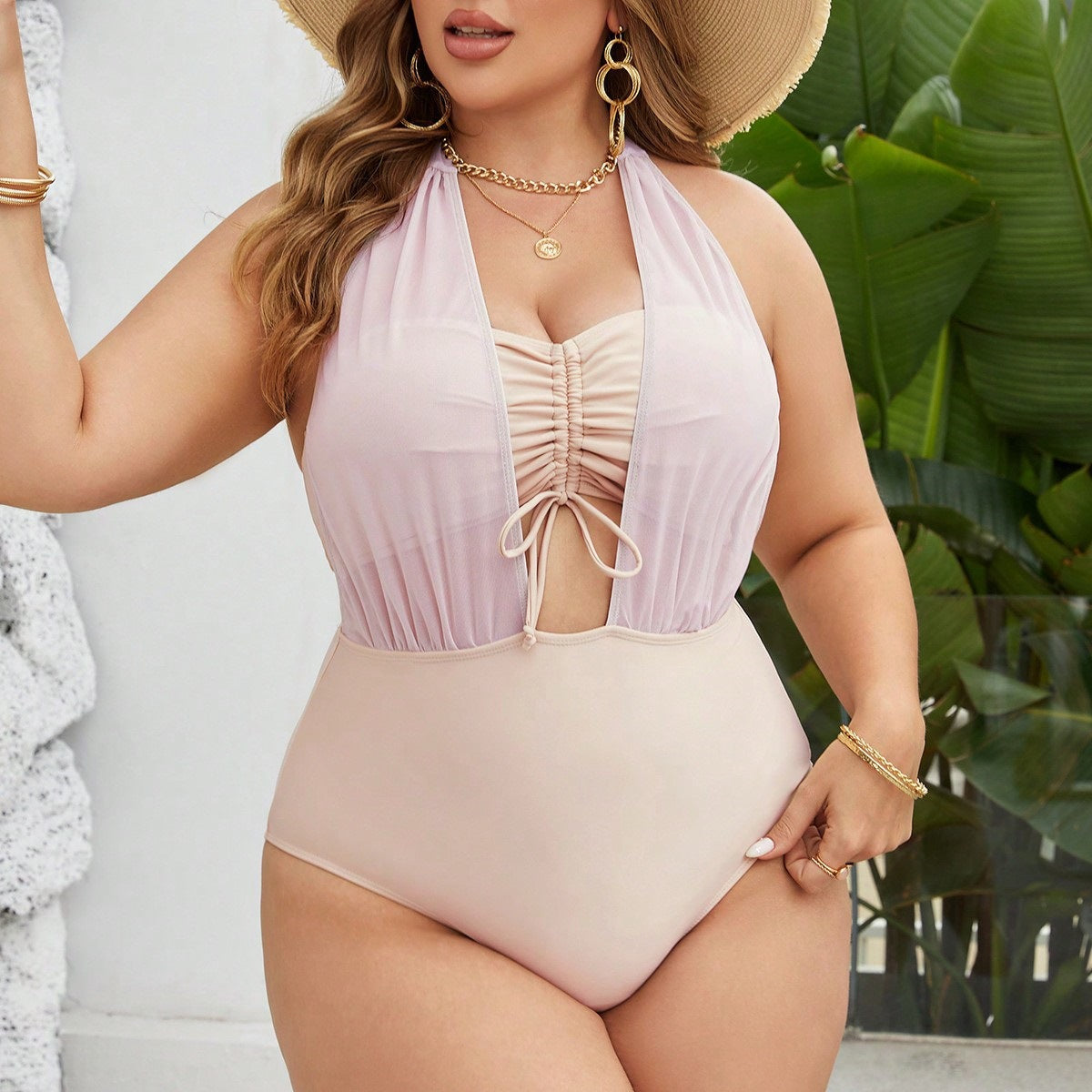 LF (L-4XL) 2026 swimsuit high elastic polyester pure color mesh plus size one-piece