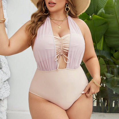 LF (L-4XL) 2026 swimsuit high elastic polyester pure color mesh plus size one-piece