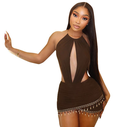DZHT D26DS005 bohemian halter bare back tight jumpsuit skirt