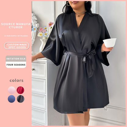 DNL plus size bathrobe lace-up nightgown mid-length Ice Silk