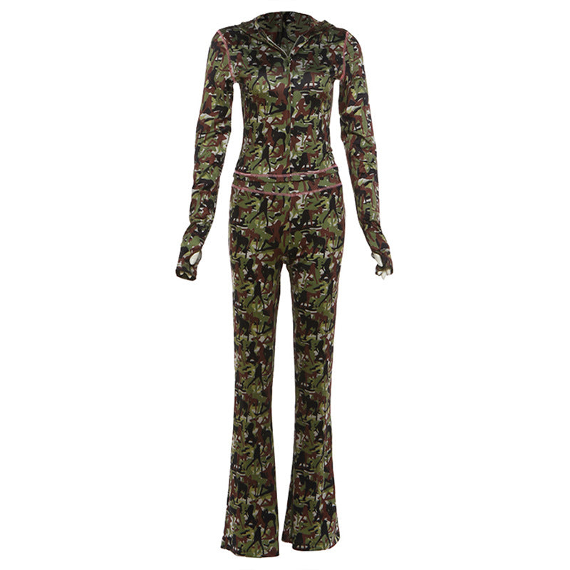 SXR 2026 spring long sleeve hooded top high waist bootcut pants suit