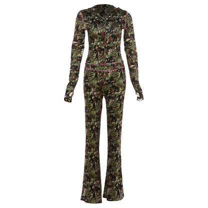 SXR 2026 spring long sleeve hooded top high waist bootcut pants suit