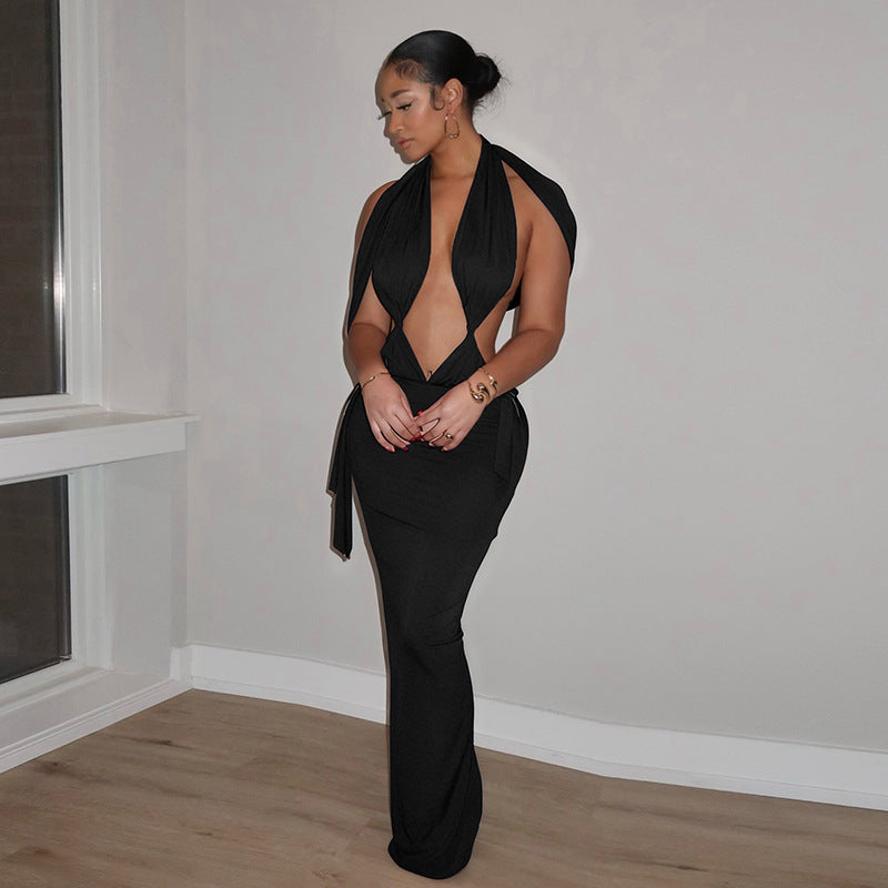 DZHT C25DS453 fashion hollowed-out pleating slit sleeveless ribbon dress
