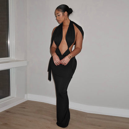 DZHT C25DS453 fashion hollowed-out pleating slit sleeveless ribbon dress