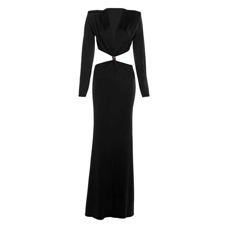 SXR autumn fashion midriff outfit V-neck long sleeve narrow dress