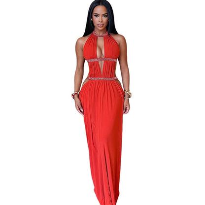 SXR K6D05619A spring sexy backless waist trimming long dress lace-up halterneck dress