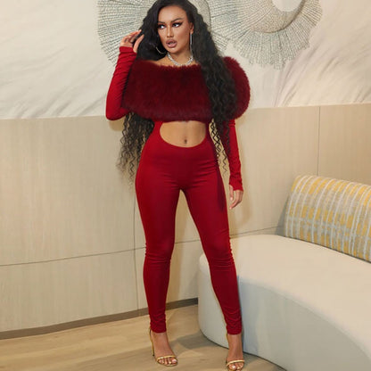 SXR autumn and winter off-shoulder furry stitching midriff-baring long sleeve jumpsuit
