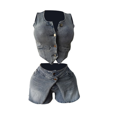 MZ (S-2XL) denim vest MZ88641 stretch apron shorts suit