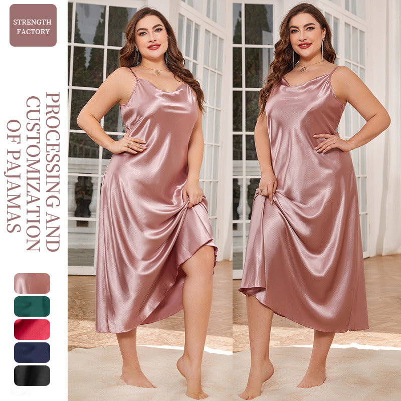 DNL plus size breathable pajamas long artificial silk camisole nightdress