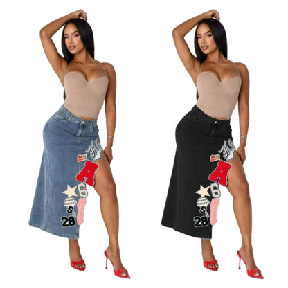 MZ (S-2XL) embroidered cropped denim skirt MZ88657 vintage stretch letter embroidered dress