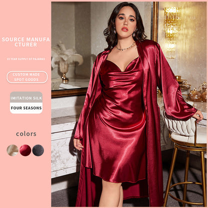 DNL large size artificial silk loose suspender skirt suit spring pajamas