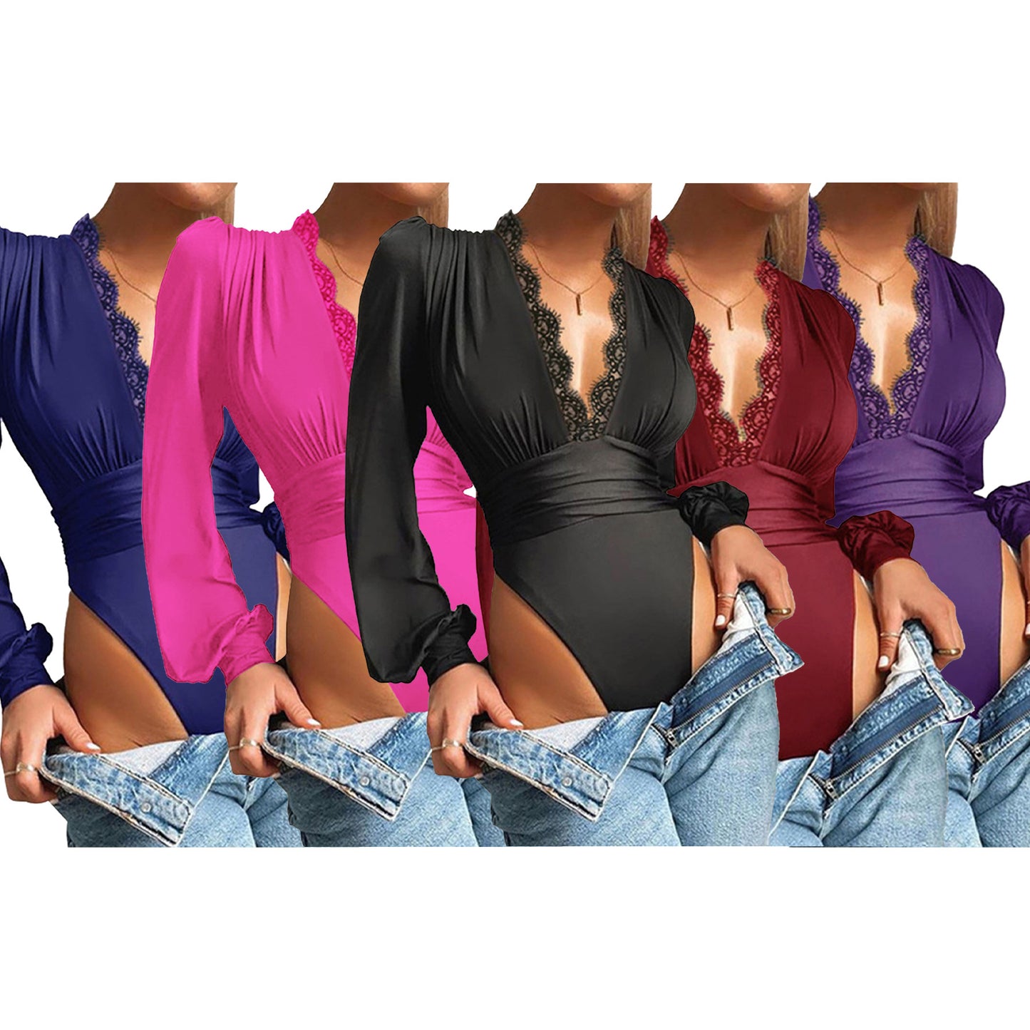 MYF (S-2XL) D12552021秋季深V领蕾丝花边连体衣女辣妹