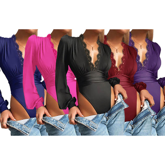 MYF (S-2XL) D12552021秋季深V领蕾丝花边连体衣女辣妹